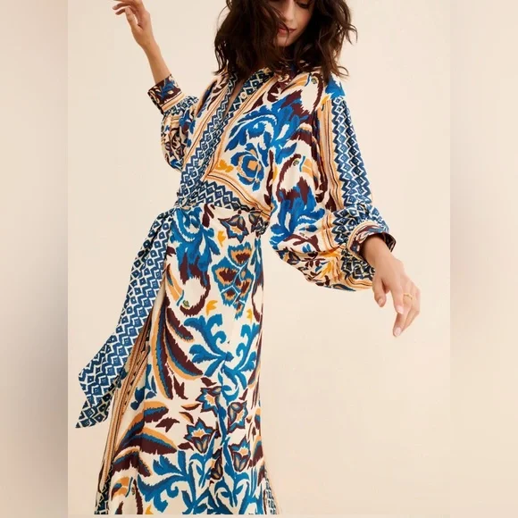 Farm Rio / New Toucan Scarf Sand Midi Dress / Boho Elegant Maxi Dress - Picture 1 of 3